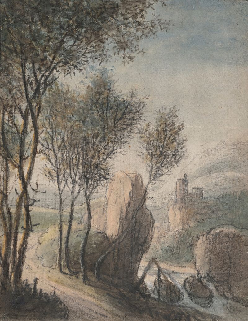 River landscape with a castle, oil on canvas by Antonie Waterloo