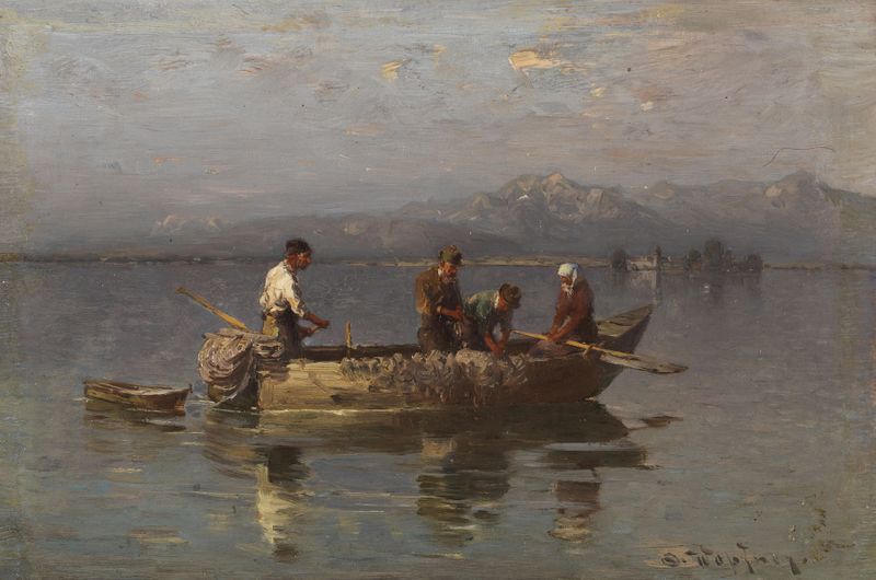 Oil painting by Joseph Wopfner depicting fishermen on a lake with shimmering water.