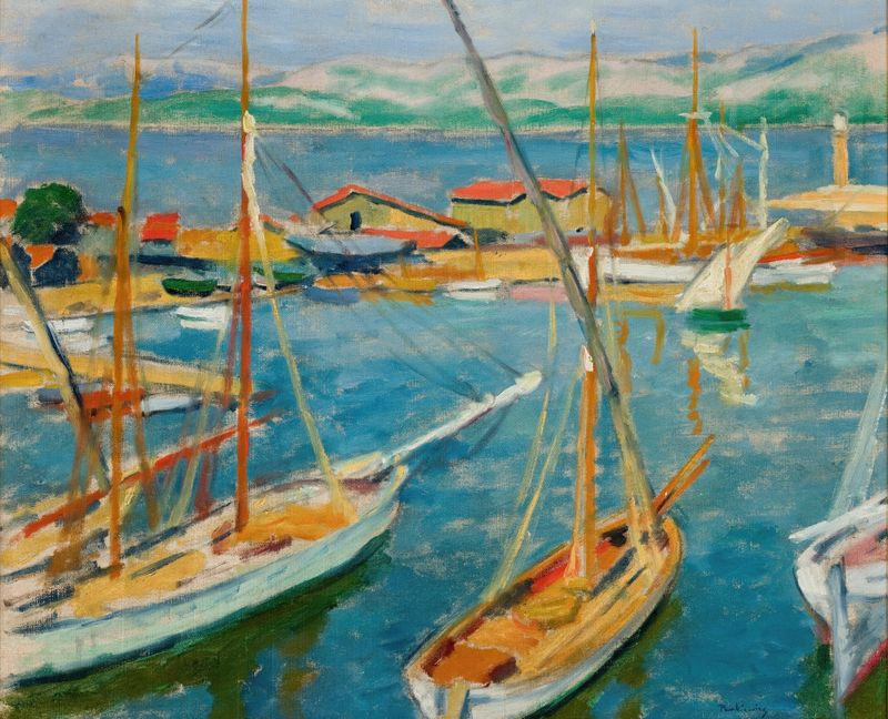 Puerto en Saint-Tropez de Józef Pankiewicz, óleo que muestra barcos y reflejos en el agua.