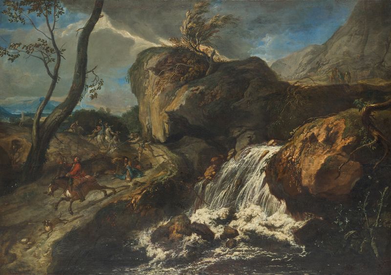 Landschaft mit Überfall by Anton Faistenberger, oil on canvas depicting a serene landscape at sunset.