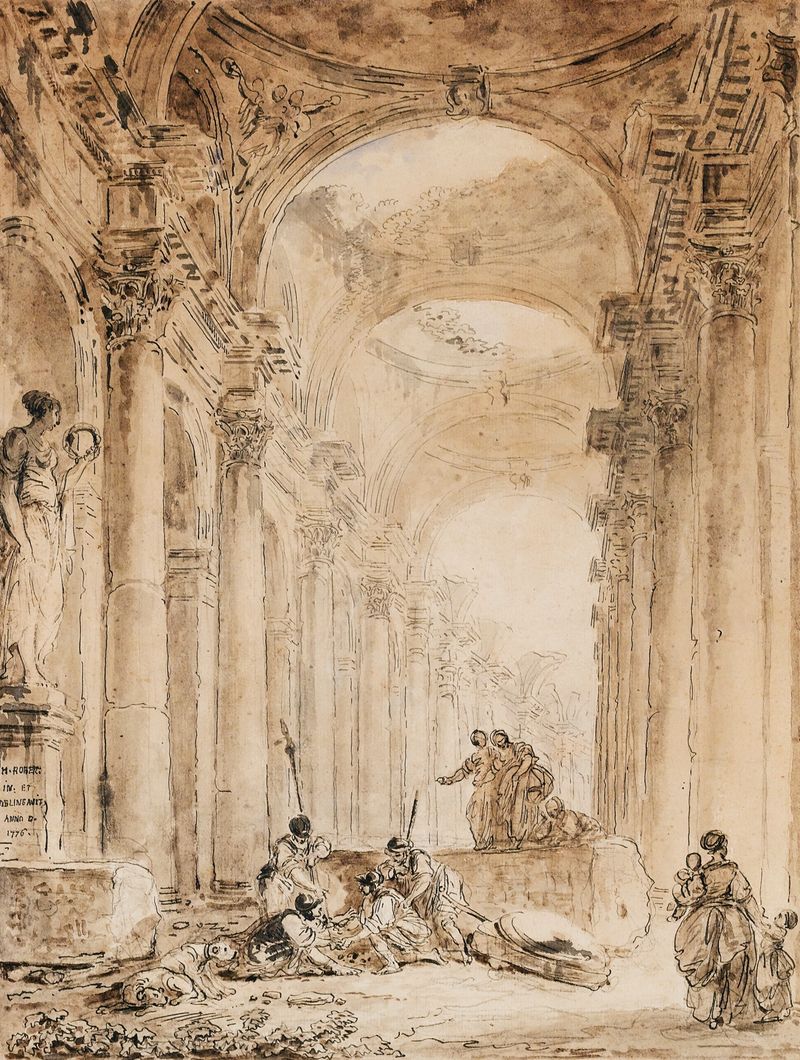 Composición Arquitectónica con Ruinas de Hubert Robert, óleo sobre lienzo que representa ruinas y naturaleza.