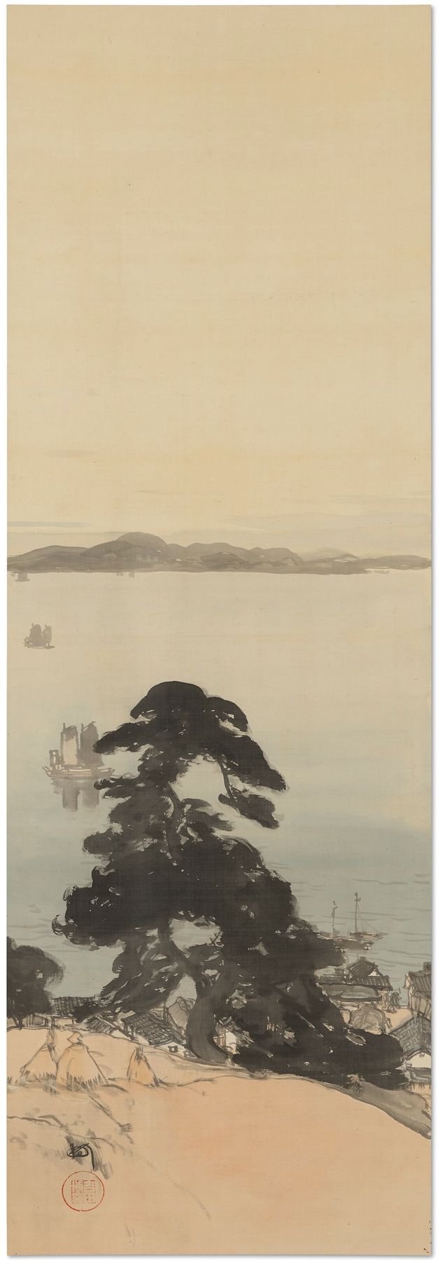 Xilogravura de Yoshida Hiroshi mostrando pinheiros e um porto marítimo