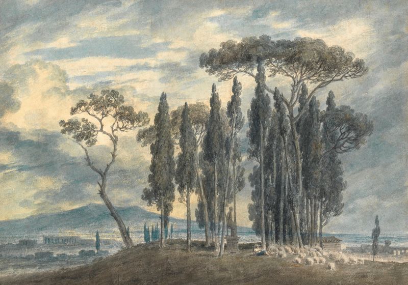 Watercolour by John Robert Cozens depicting a lush garden with figures and sunlight.