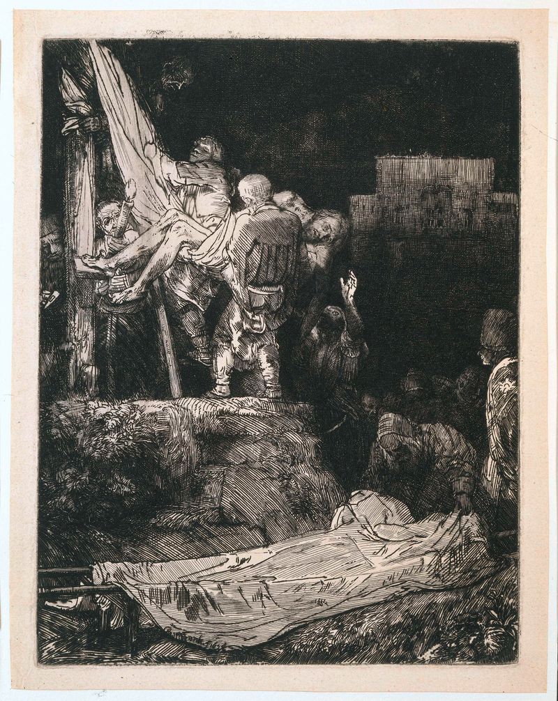 A Descida da Cruz à Luz da Tocha, gravura de Rembrandt van Rijn