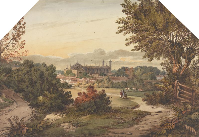 Eton from the Brocas, oil on canvas by James Bourne, depicting a river and trees under golden light.