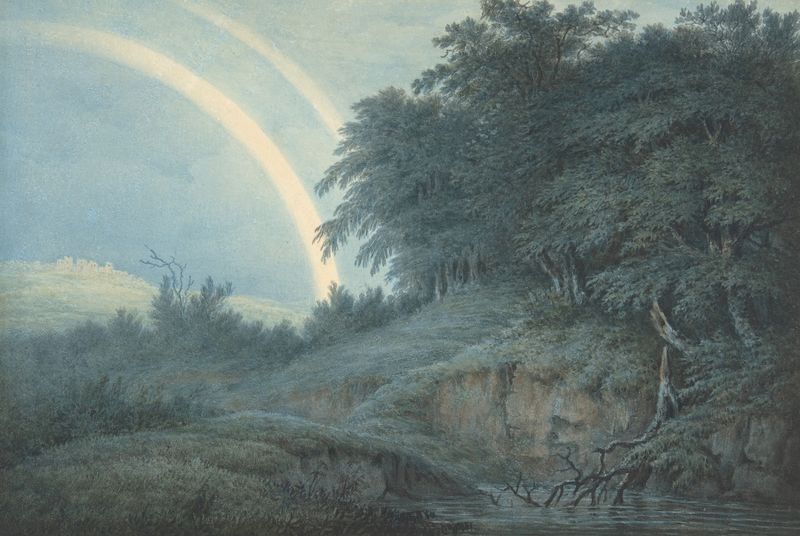 Landscape with a rainbow over lush greenery, oil painting by John Glover