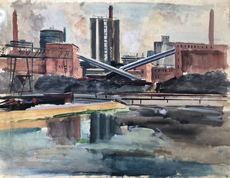 Industriewerk in Linz de Otto Geigenberger, óleo sobre tela que mostra fábricas contra um céu dramático