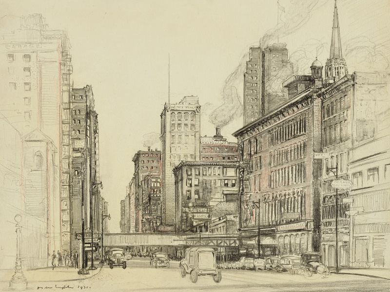Chicago, North Dearborn Street by Donald Shaw MacLaughlan, oil on canvas depicting urban landscape at sunset.