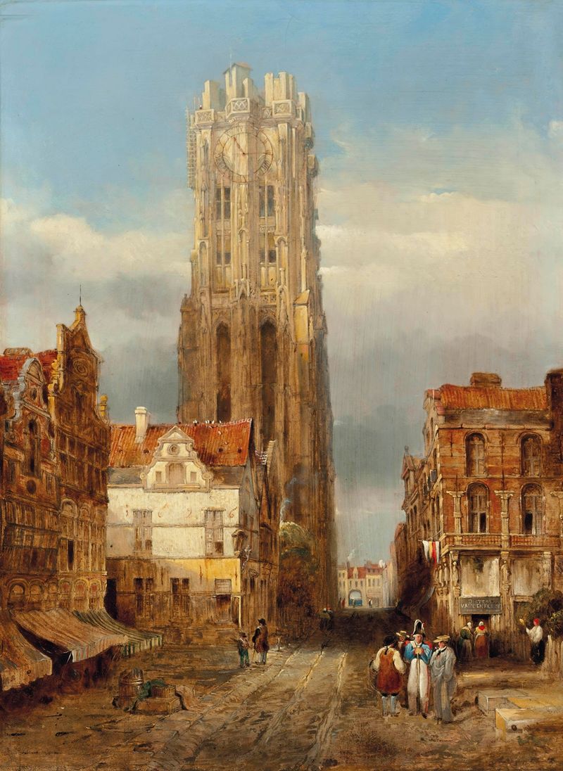Torre de la Iglesia de San Rombouts de David Roberts, pintura al óleo que representa una torre de iglesia histórica.