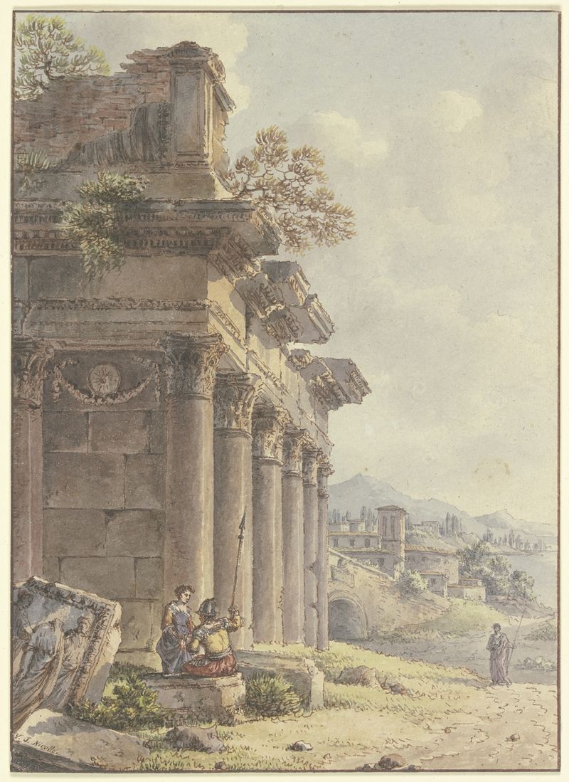 Ink and wash by Victor-Jean Nicolle depicting temple ruins in a landscape.