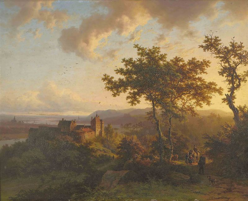 Pintura a óleo de Barend Cornelis Koekkoek apresentando uma floresta e um castelo.