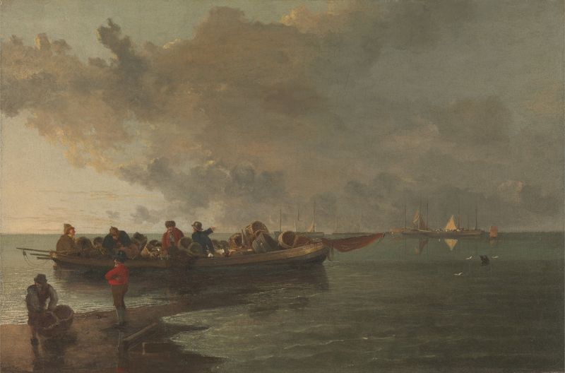 A barge on tranquil waters at twilight, oil painting by John Crome.