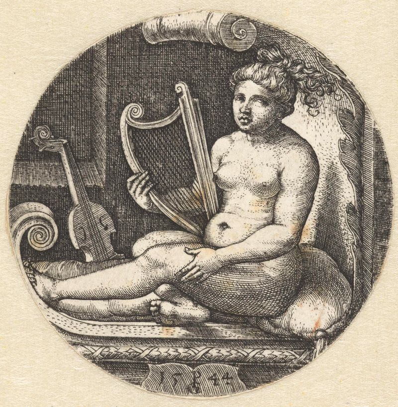 Mulher nua sentada com uma harpa, gravura de Georg Pencz