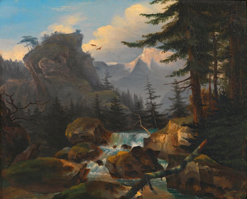 Wasserfall im Hochgebirge by Adalbert Stifter, oil painting depicting a waterfall in the mountains