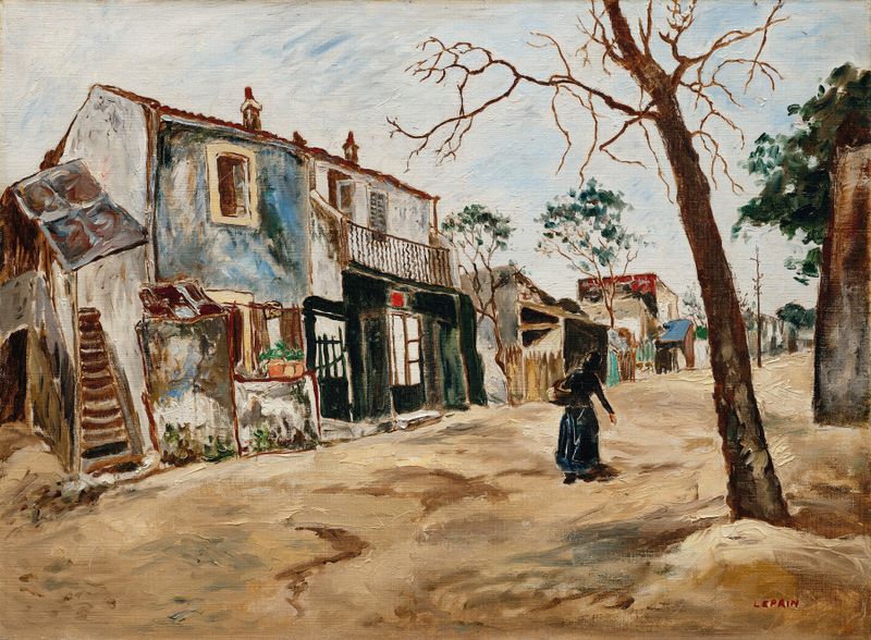 Rue à Saint-Ouen by Marcel Leprin, oil on canvas depicting a Parisian street with buildings and light.