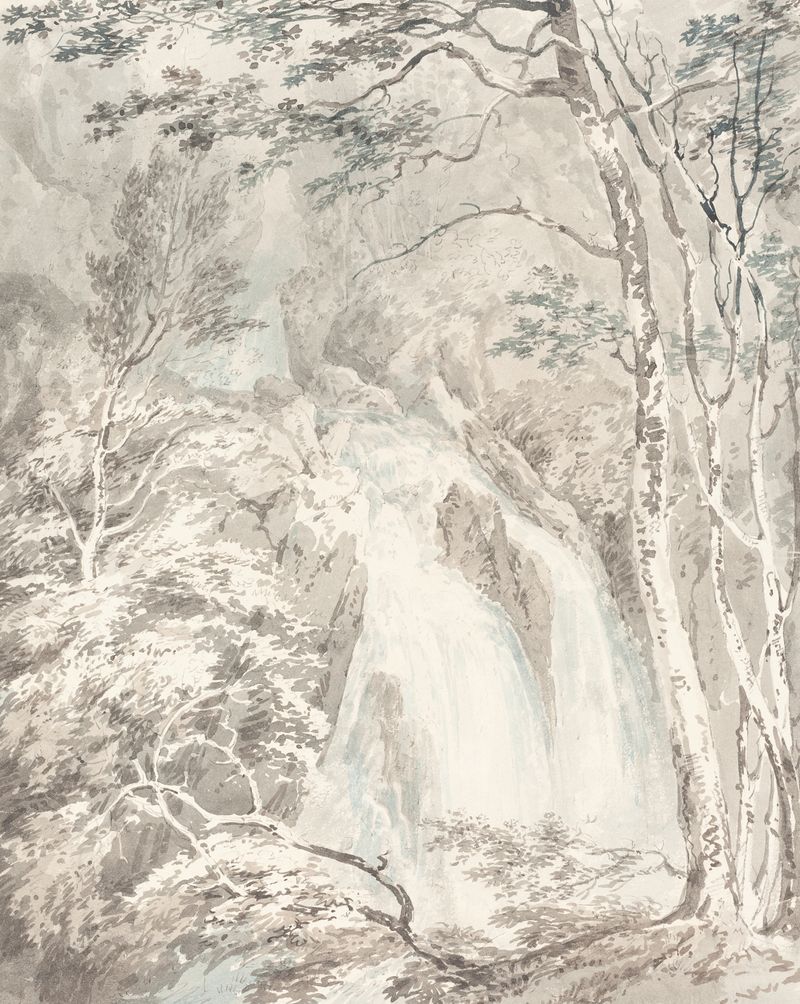 A Waterfall de Joseph Mallord William Turner, óleo sobre tela, retratando uma cena vibrante de cachoeira.