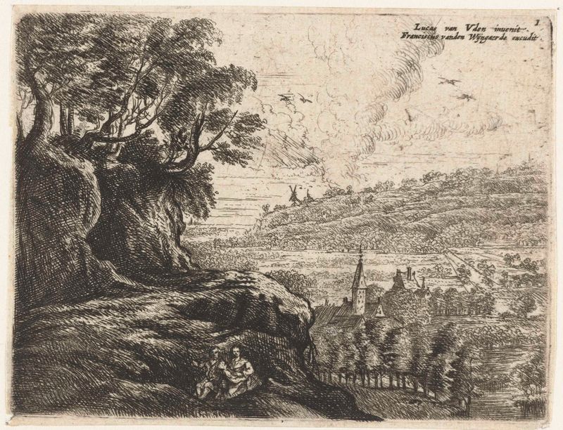 Landschap met een man, vrouw en kind etching by Philips Augustijn Immenraet depicting a family in nature.