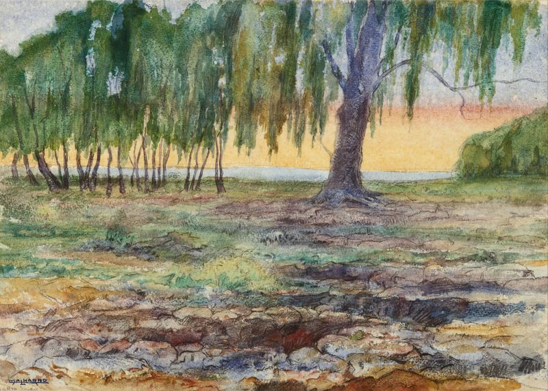 Landscape oil painting by Martín Malharro featuring lush greenery and hills.