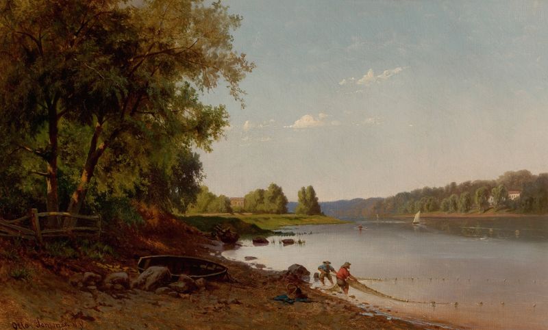 Pintura figurativa al óleo de Otto Sommer que muestra una figura sosteniendo un pez junto al agua