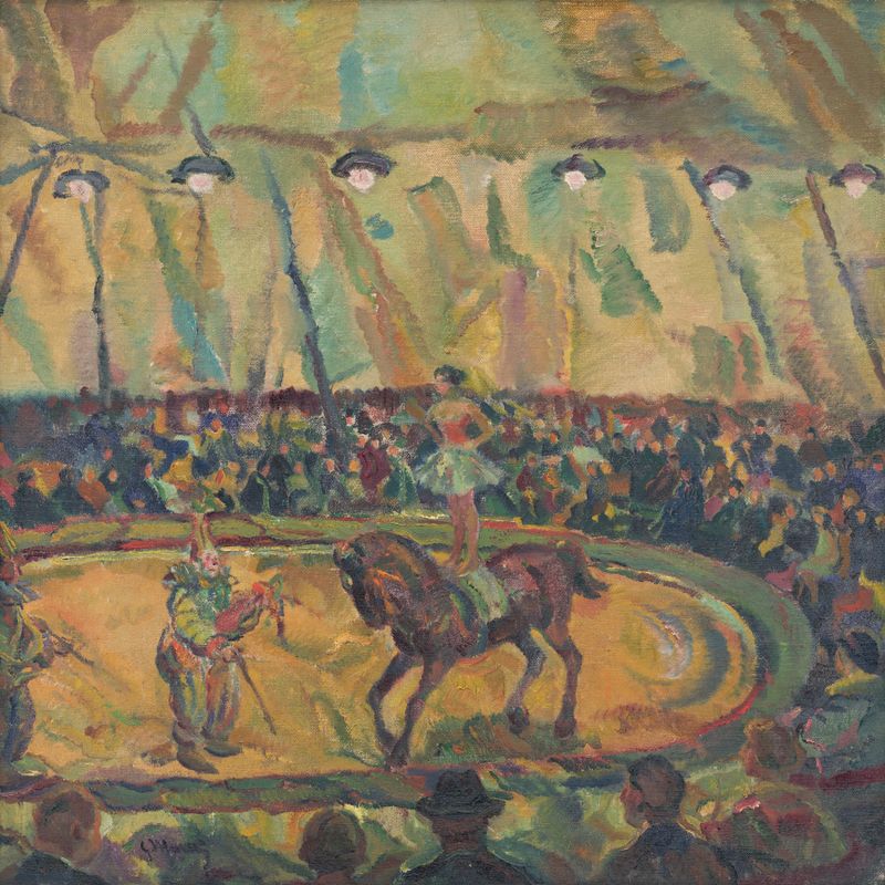 Circus de Gustáv Mallý, una obra de expresión que presenta a una artista de trapecio en colores vibrantes.