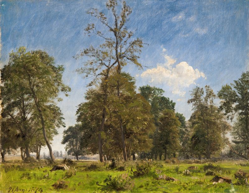 Paisaje con vegetación exuberante y luz solar de P. C. Skovgaard, pintura al óleo
