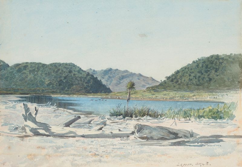 Lagoon, Grey River de James Crowe Richmond, óleo sobre lienzo que representa un tranquilo lago y río.