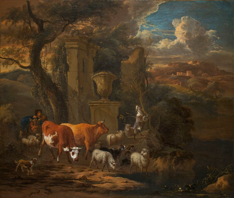 Italianised Landscapes with Shepherd and Shepherdess by Michiel Carree, oil painting depicting a shepherd and hills.