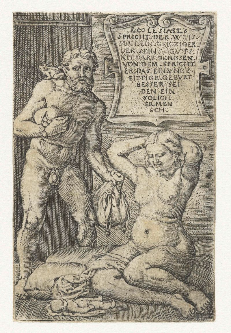 Grabado de Barthel Beham que representa a una mujer en duelo por un aborto espontáneo.