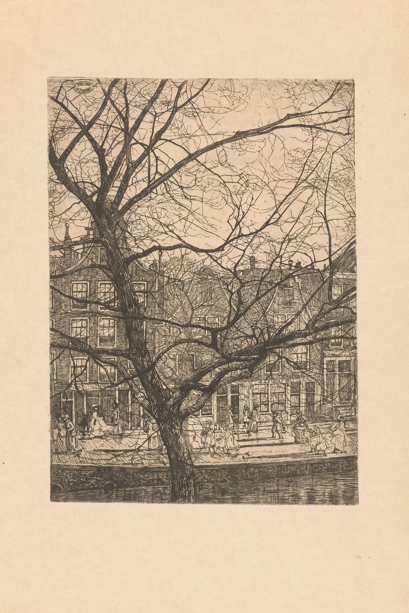 Grachtenhuizen met halsgevels in Amsterdam by Pieter Dupont, oil painting depicting Amsterdam's gabled houses.