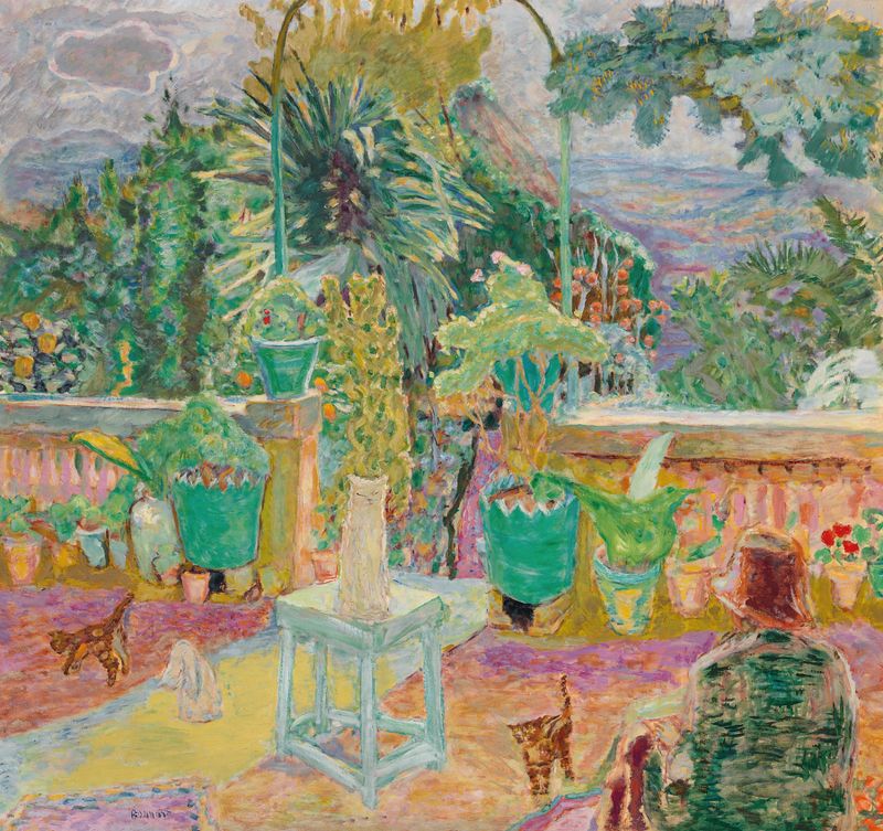 Escena figurativa con figuras en una terraza, pintura al óleo de Pierre Bonnard