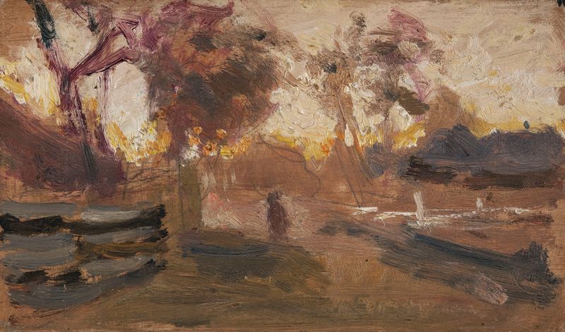 Farmyards de Jan Stanisławski, óleo sobre lienzo que representa un paisaje rural tranquilo