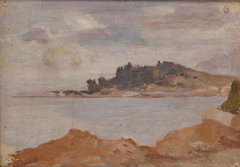 Paisaje de Corfu de Jan Ciągliński, pintura al óleo con ruinas y follaje vibrante.
