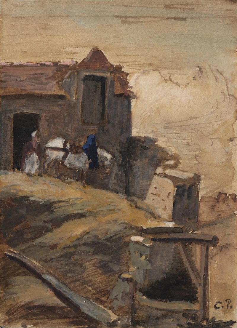 Cheval blanc devant une ferme, óleo sobre tela de Camille Pissarro, retratando um cavalo branco perto de uma fazenda rústica.