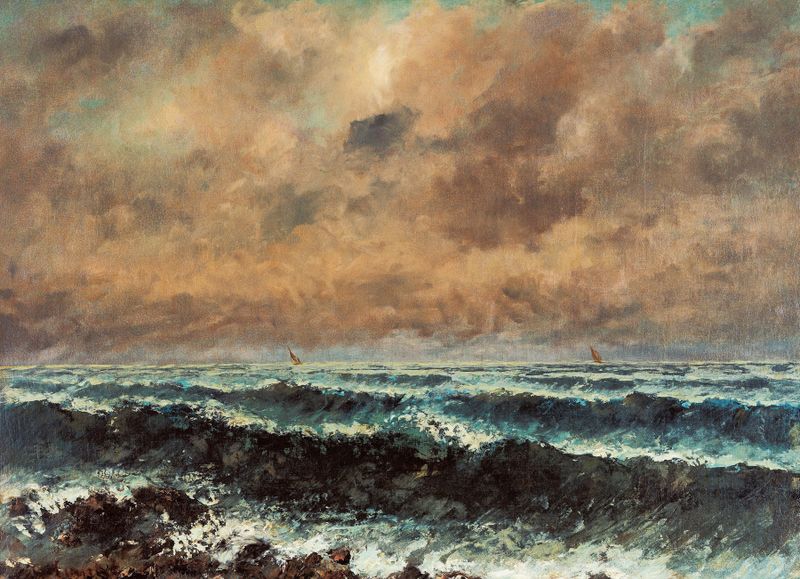 Escena marina con suaves olas y horizonte de Gustave Courbet, pintura al óleo