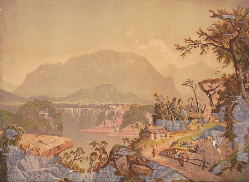 Landscape featuring a river at dawn, lithograph by Gibson & Co. Lith