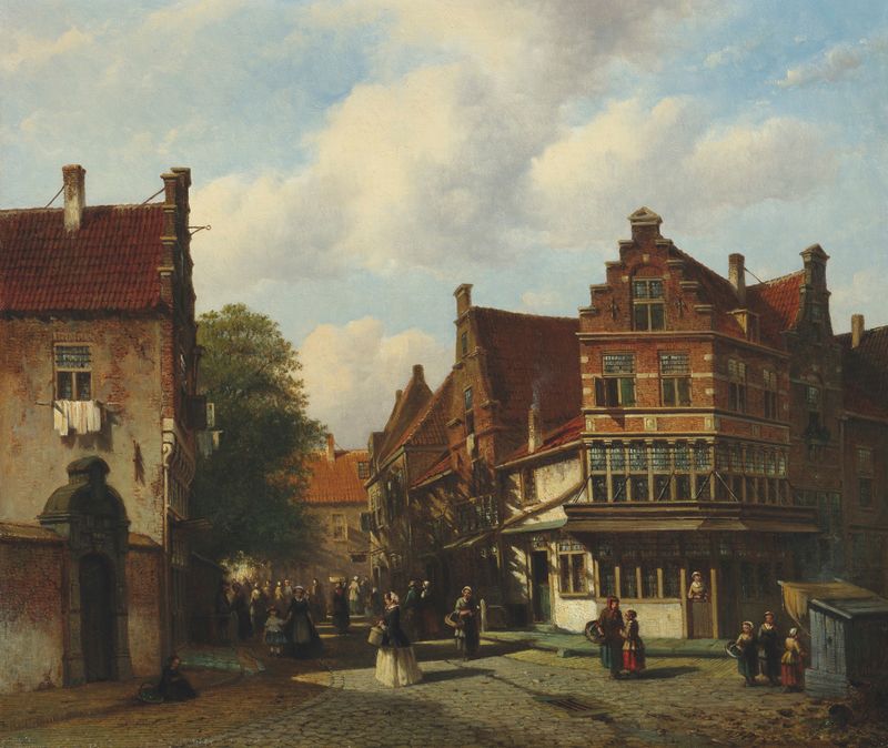 A Dutch street scene de Pieter Gerardus Vertin, pintura al óleo que muestra una figura solitaria en un camino de adoquines.