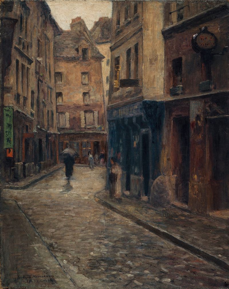 La rue de Lanneau. Effet de pluie by Fernand Maillaud, oil on canvas depicting a rainy Paris street.