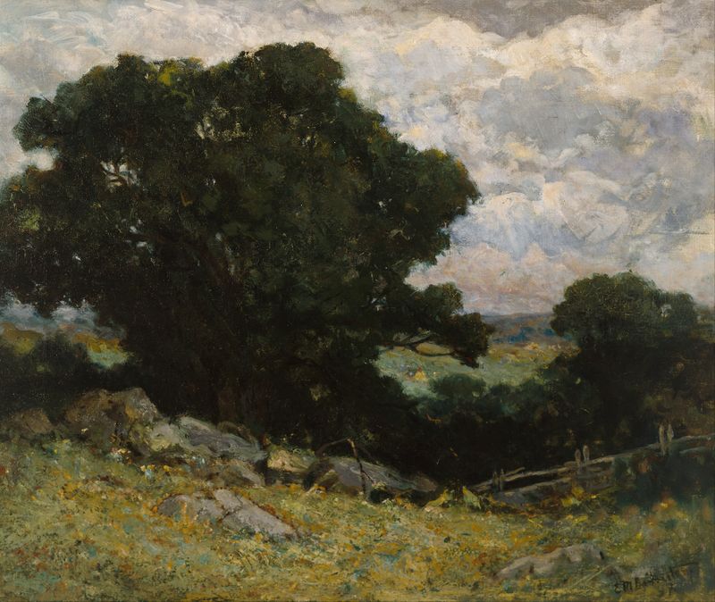 Landscape by Edward Mitchell Bannister, oil painting, depicting hills and a tranquil sky.