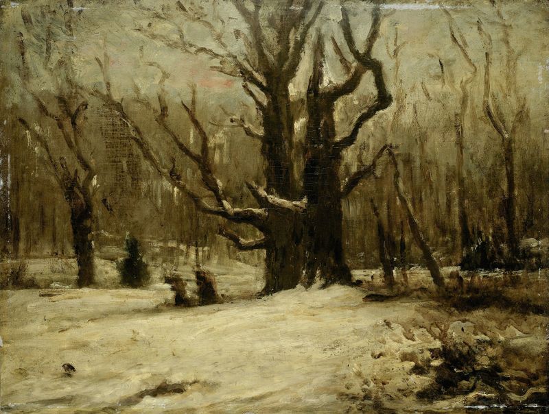Paisaje invernal óleo de Gustave Courbet con nieve y un cielo apagado.