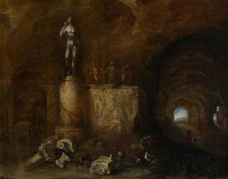 Interior of a grotto with sculptures and a sleeping shepherd, oil on canvas by Abraham van Cuylenborch