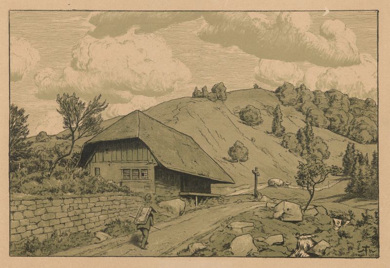Paisagem rural com um viajante, óleo sobre tela de Hans Thoma