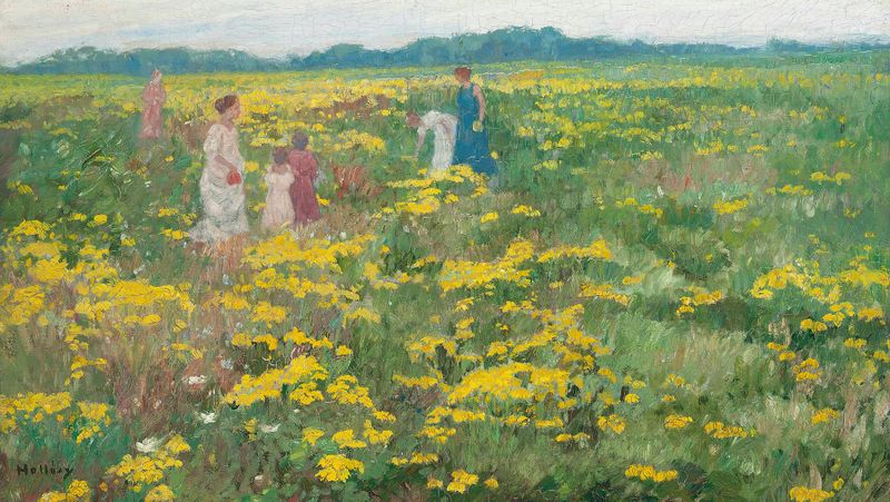 A Summer Day de Simon Hollòsy, pintura a óleo que retrata figuras desfrutando da luz do sol na natureza.
