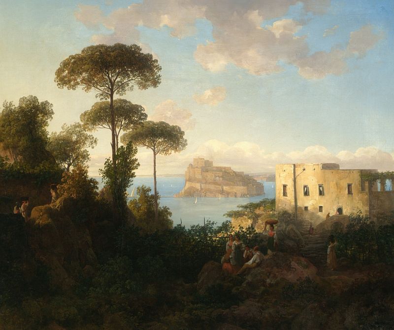 Paisaje con figura y arquitectura de Thomas Ender, pintura al óleo que representa Ischia, Italia.