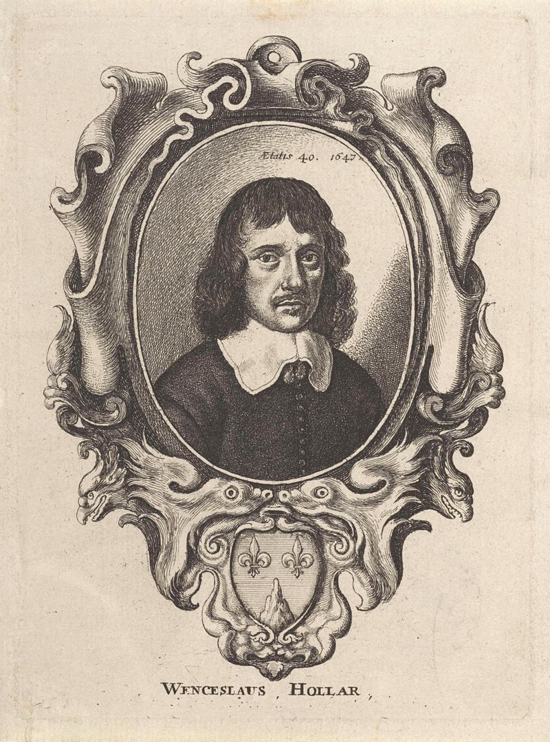 Etching by Wenceslaus Hollar depicting a self-portrait with a thoughtful gaze.