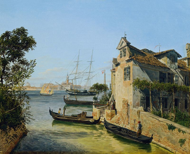 Lagoon landscape at sunset, oil painting by Jakob Alt