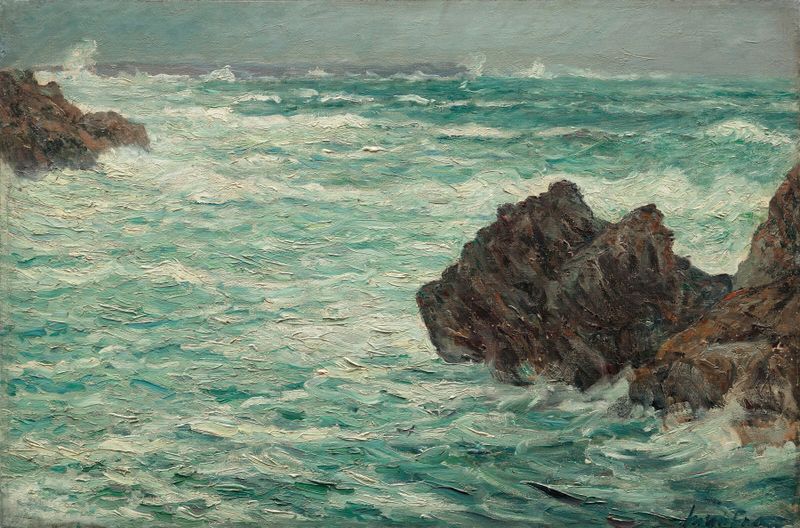 Escena marina con olas rompiendo en rocas, pintura al óleo de Maxime Maufra