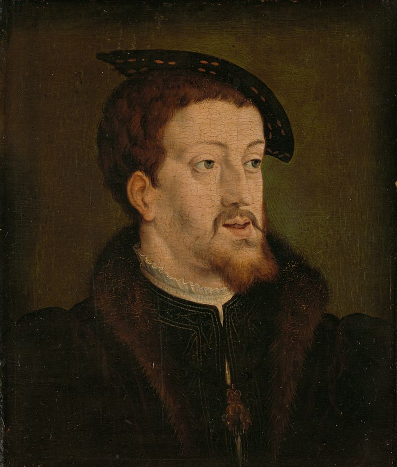 Portrait of Charles V by Jan Cornelisz Vermeyen, oil on panel, featuring a regal figure with a piercing gaze.