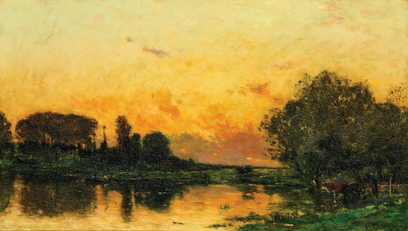 A River at Dusk, oil painting by Hippolyte Camille Delpy, depicting a serene river at twilight.