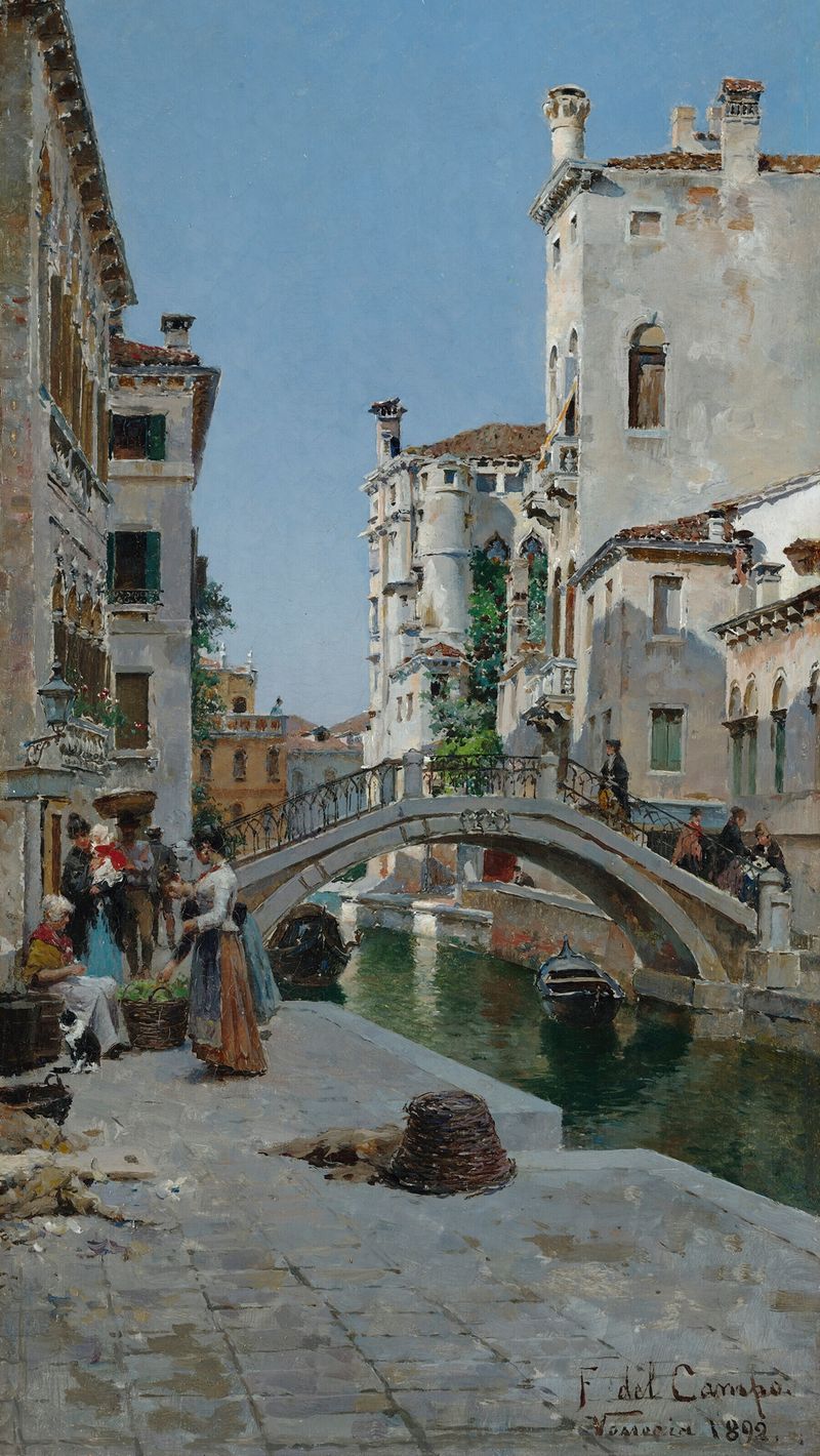 View of Venice by Federico del Campo, oil on canvas, depicting a tranquil canal with reflections.