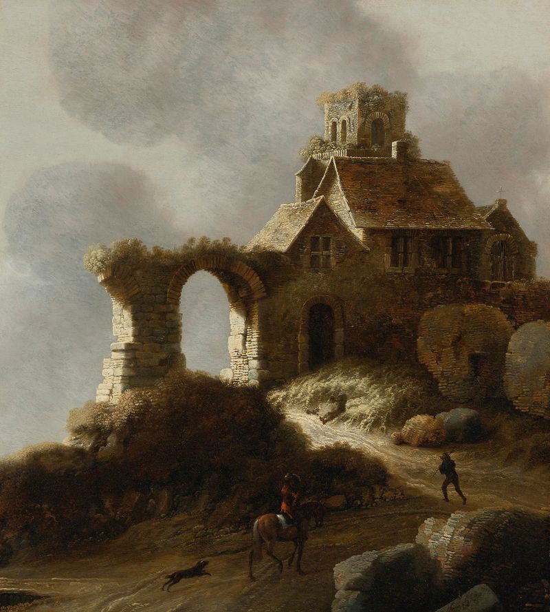 Ruins On A Hill, oil on canvas by Claude de Jongh, featuring crumbling stones and warm light.